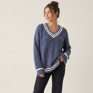 POL Oversized Varsity Stripe V-Neck Sweater | Size Large